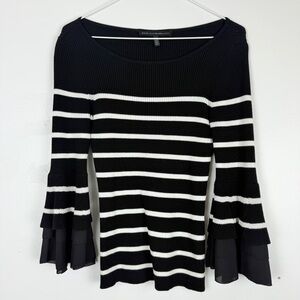 White House Black Market Black White Stripe Knit Sweater Flare Bell Sleeve Top